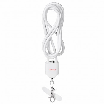 Activejet lanyard with 3-in-1 charging cable, white. Ends with various connectors: USB-C, Lightning adapter, USB-A