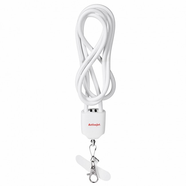 Activejet lanyard with 3-in-1 charging cable, white. Ends with various connectors: USB-C, Lightning adapter, USB-A