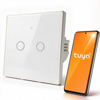 Qoltec 52716 Smart Touch 2-Gang Light Switch | Wi-Fi | Timer | Tuya | Smart Life | Tempered Glass | White