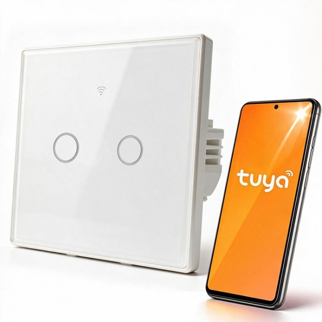 Qoltec 52716 Smart Touch 2-Gang Light Switch | Wi-Fi | Timer | Tuya | Smart Life | Tempered Glass | White