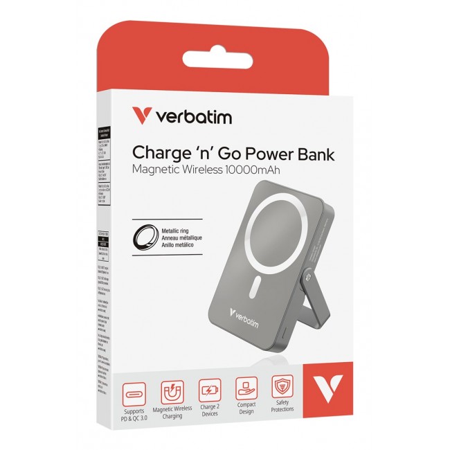 Verbatim Charge 'n' Go Magnetic Wireless Power Bank with stand - 10000 mAh Grey