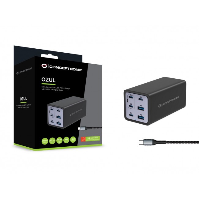 Conceptronic 6-Port 200W GaN USB PD Charger with USB-C Charging Cable, USB-C x 4, USB-A x 2, QC 3.0, PD 3.1, PPS