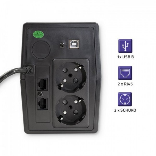 Qoltec Monolith uninterruptible power supply (UPS) Double-conversion (Online) 0.65 kVA 360 W 2 AC outlet(s)