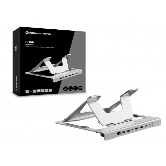 Conceptronic DONN35S Laptop Stand with 7-in-1 USB-C Docking Station, HDMI 4K60Hz x 2, GbE, USB-C 5Gbps, USB-A 5Gbps x 2, 100W USB PD Conceptronic DONN35S Laptop Stand with 7-in-1 USB-C Docking Station, HDMI 4K60Hz x 2, GbE, USB-C 5Gbps, USB-A 5Gbps x 2, 100W USB PD