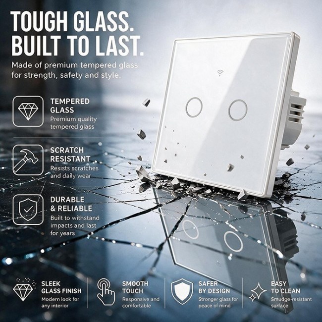 Qoltec 52716 Smart Touch 2-Gang Light Switch | Wi-Fi | Timer | Tuya | Smart Life | Tempered Glass | White