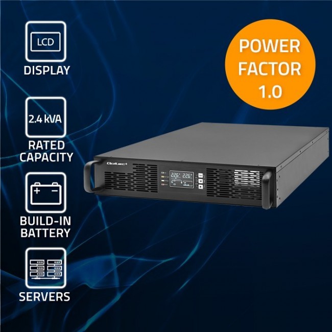 Qoltec Uninterruptible Power Supply (UPS) for RACK | 2.4kVA | 2400W | Power Factor 1.0 | LCD | EPO | USB | Online Qoltec Uninterruptible Power Supply (UPS) for RACK | 2.4kVA | 2400W | Power Factor 1.0 | LCD | EPO | USB | Online