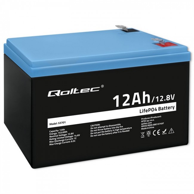 Qoltec LiFePO4 Lithium-Iron-Phosphate Battery 12.8V 12Ah 153.6Wh with BMS Qoltec LiFePO4 Lithium-Iron-Phosphate Battery 12.8V 12Ah 153.6Wh with BMS