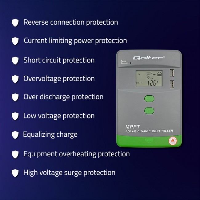 Qoltec Solar MPPT Charge Controller with Temperature Sensor 20A |12V/24V | LCD | 2 x USB Qoltec Solar MPPT Charge Controller with Temperature Sensor 20A |12V/24V | LCD | 2 x USB