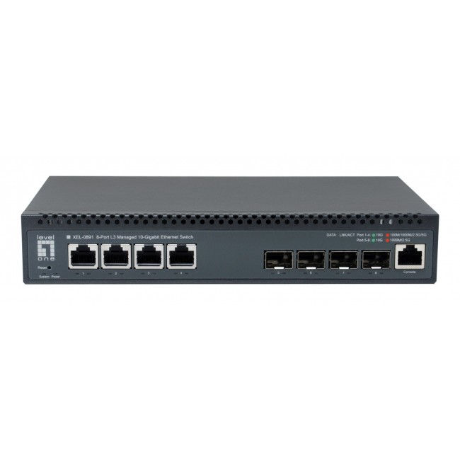 LevelOne 8-Port L3 Managed 10-Gigabit Switch, 4 x 1G/2.5G/5G/10G RJ45, 4 x 1G/2.5G/10G SFP+ Uplinks