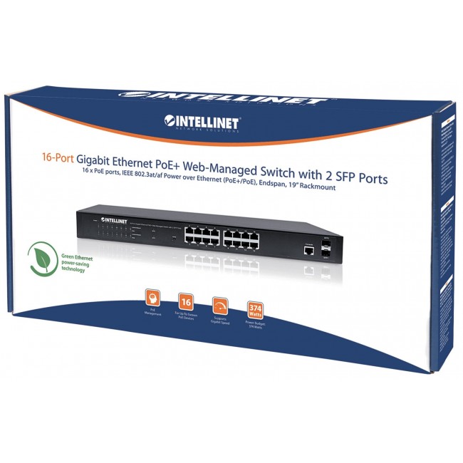 Intellinet 16-Port Gigabit Ethernet PoE+ Web-Managed Switch with 2 SFP Ports, IEEE 802.3at/af Power over Ethernet (PoE+/PoE) Compliant, 374 W, Endspan, 19 Intellinet 16-Port Gigabit Ethernet PoE+ Web-Managed Switch with 2 SFP Ports, IEEE 802.3at/af Power over Ethernet (PoE+/PoE) Compliant, 374 W, Endspan, 19