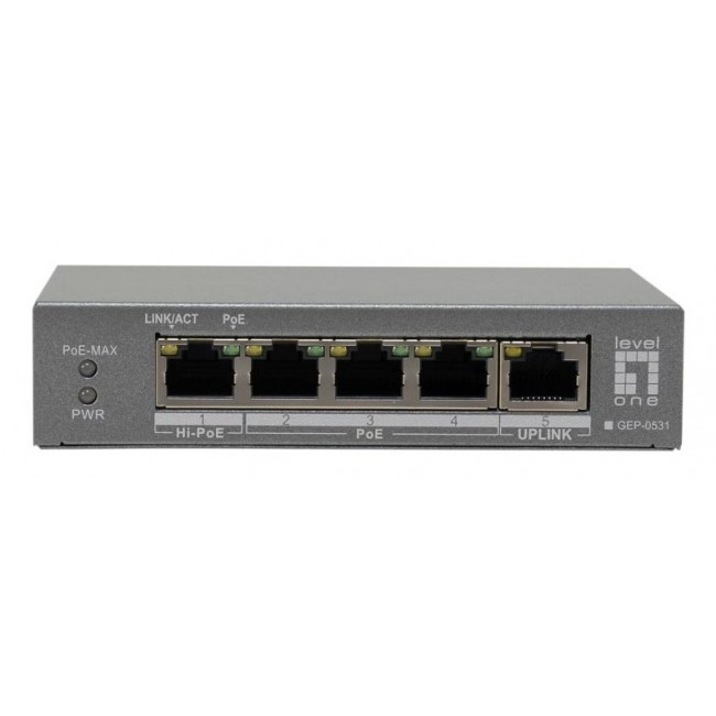 LevelOne 5-Port Gigabit PoE Switch, 802.3af/at/bt PoE, 4 PoE Outputs, 60W Power Budget, Long-Range PoE with Watchdog