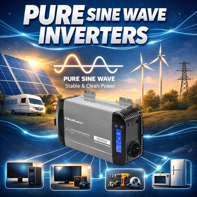 Qoltec Przetwornica napięcia Pure Sine Wave | 12V na 230V | 500/1000W | LCD | USB | USB-C | Kompatibilno z LiFePo4 GEL AGM
