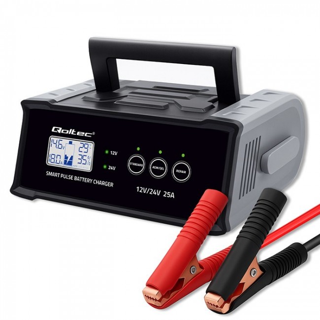 Qoltec Inteligentna mikroprocesorowa adowarka 12V 24V 25A| Prostownik z funkcją naprawy do akumulatora AGM GEL SLA | LCD