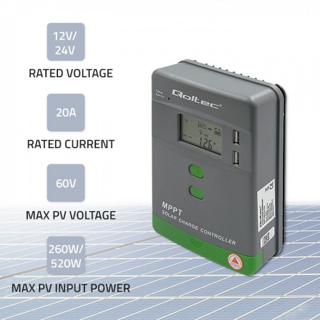 Qoltec Solar MPPT Charge Controller with Temperature Sensor 20A |12V/24V | LCD | 2 x USB Qoltec Solar MPPT Charge Controller with Temperature Sensor 20A |12V/24V | LCD | 2 x USB