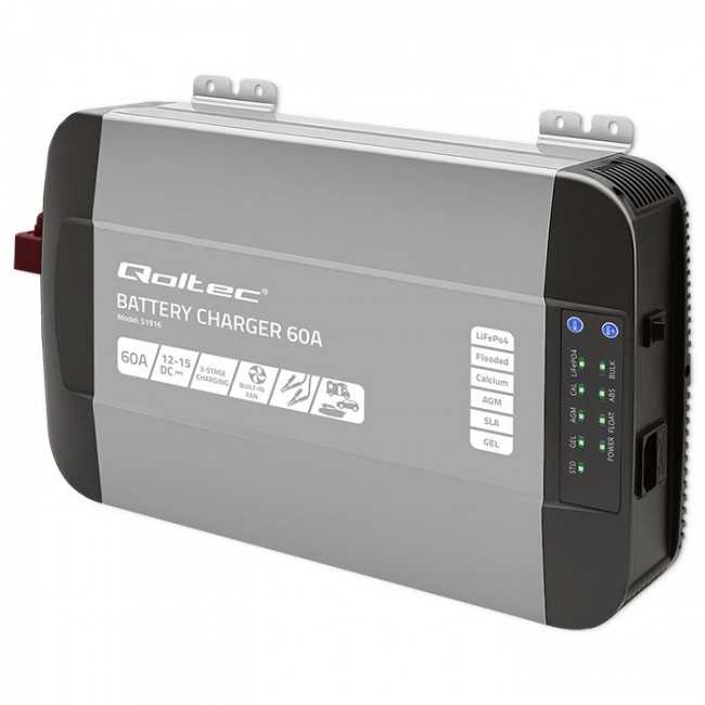 Qoltec Smart Professional Monolith Battery Charger for LiFePO4 AGM GEL SLA batteries | 60A | 12V | Fast charging