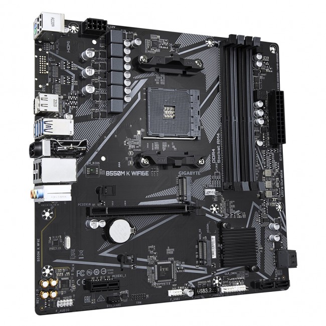 GIGABYTE B550M K WIFI6E Motherboard - AMD Ryzen 5000 CPUs, up to 4733MHz DDR4, 1xPCIe 4.0 + 1xPCIe 3.0 M.2, WIFI 6E, 1GbE LAN, USB 3.2 Gen 1 GIGABYTE B550M K WIFI6E Motherboard - AMD Ryzen 5000 CPUs, up to 4733MHz DDR4, 1xPCIe 4.0 + 1xPCIe 3.0 M.2, WIFI 6E, 1GbE LAN, USB 3.2 Gen 1