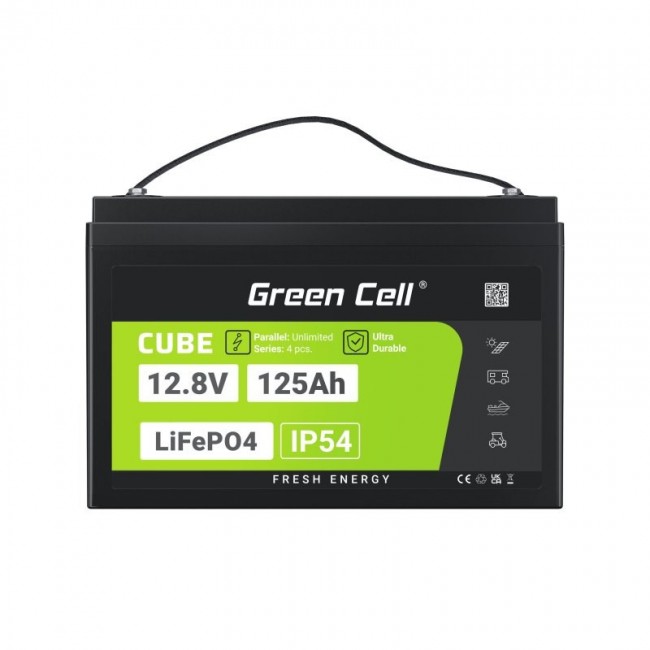 Green Cell Žalias Cell CUBE LiFePO4 125Ah 12,8V 1600Wh liio geležies fosfato baterija kemperiui, sauls energijai, neprijungtai prie tinklo, laivui Lithium Iron Phosphate (LiFePO4) 12.8 V Green Cell Žalias Cell CUBE LiFePO4 125Ah 12,8V 1600Wh liio geležies fosfato baterija kemperiui, sauls energijai, neprijungtai prie tinklo, laivui Lithium Iron Phosphate (LiFePO4) 12.8 V
