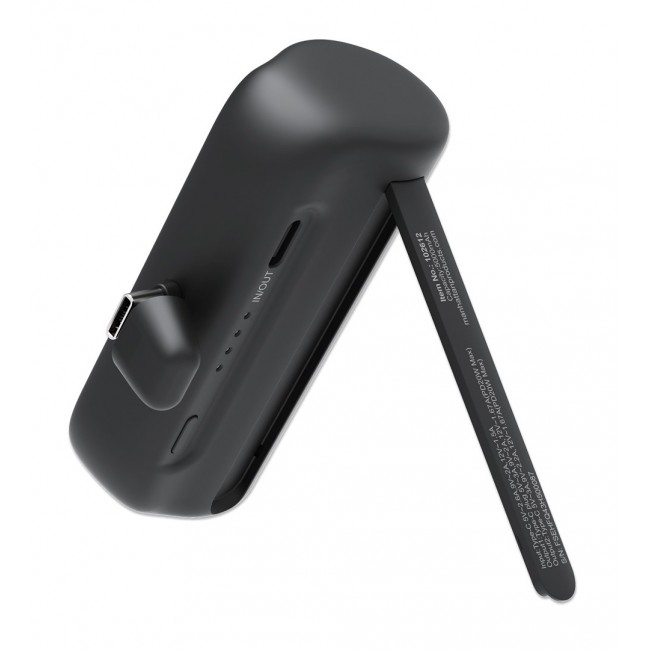 Manhattan Power Bank with integrated USB-C plug, 5000 mAh, Up to 20W output, Kickstand for Use as Charging Phone Holder, Black, One Year Warranty