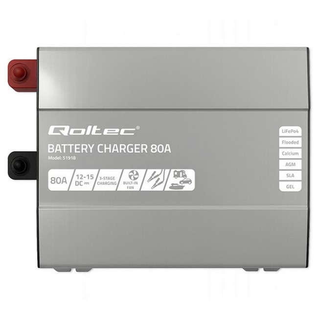 Qoltec Smart Professional Monolith Battery Charger for LiFePO4 AGM GEL SLA batteries | 80A | 12V | Fast charging
