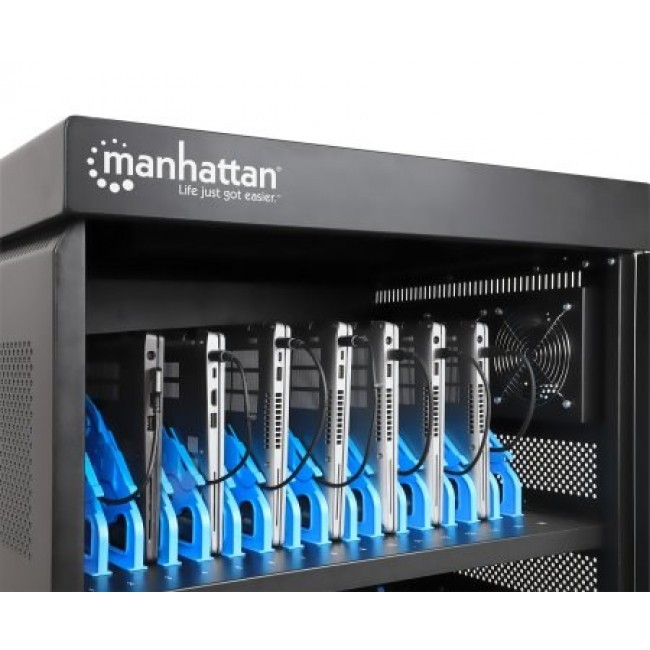 Manhattan Laptop Charging Cart/Trolley via AC Adapter (EU) 32-bay, Install device's AC Adapter (power cables) into unit, Suitable for ALL laptops (to 15.6