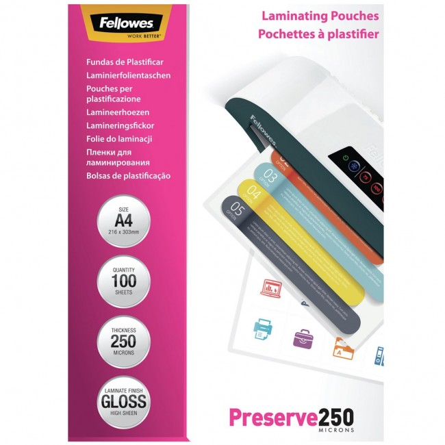 Fellowes A4 Glossy 250 Micron Laminating Pouch - 100 pack Fellowes A4 Glossy 250 Micron Laminating Pouch - 100 pack