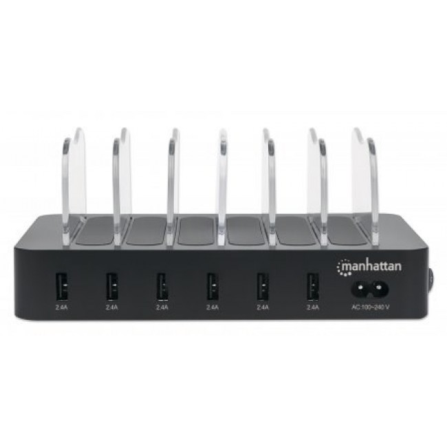 Manhattan Charging Station, 6x USB-A Ports, Outputs: 6x 2.4A, Smart IC, LED Indicator Lights, Black, Three Year Warranty