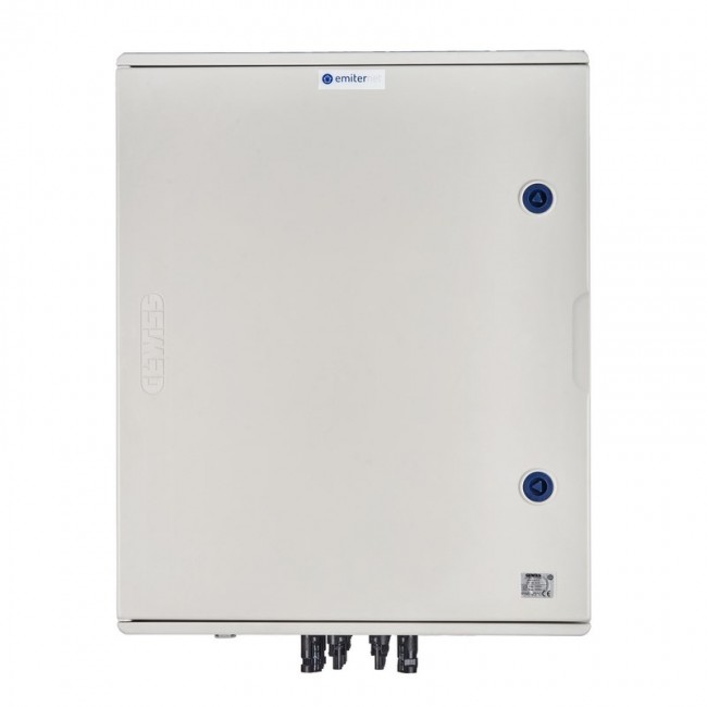 Switchgear attached DCAC hermetic IP66 EMITTER with DC surge arrester Dehn 1000V type 1+2, 4 x PV string, 4 x MPPT // ogr. AC Dehn type 1+2, 100A 3-F, FR 100A, syg. Faz + Socket