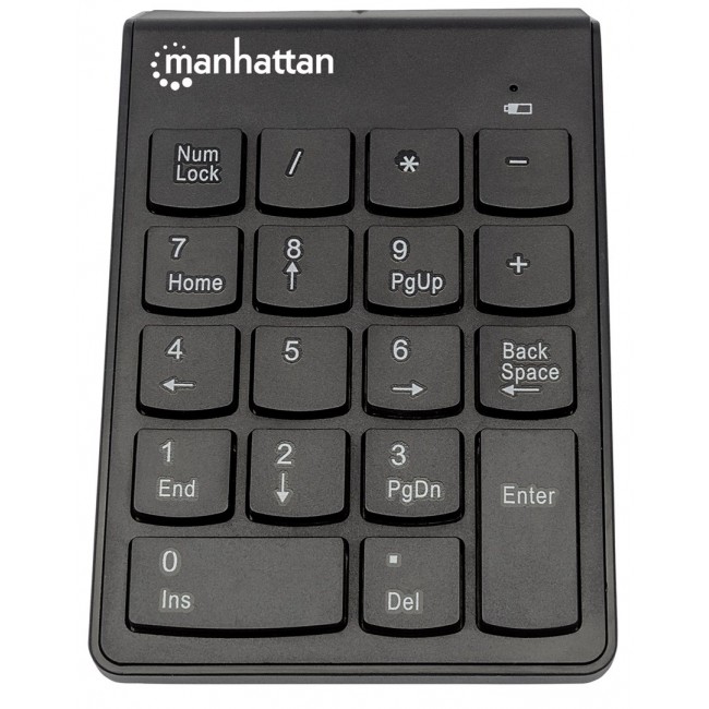 Manhattan Numeric Keypad, Wireless (2.4GHz), USB-A Micro Receiver, 18 Full Size Keys, Black, Membrane Key Switches, Auto Power Management, Range 10m, AAA Battery (included), Windows and Mac, Three Year Warranty, Blister