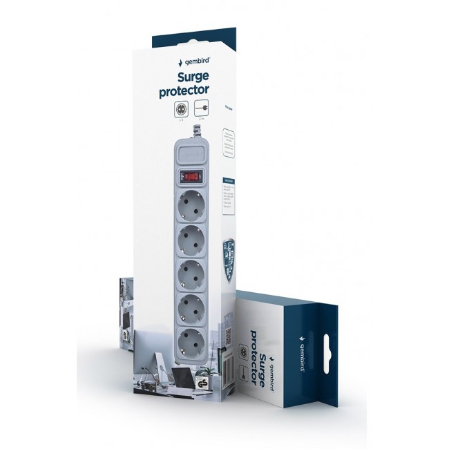 Gembird SPG3-B-10C Surge protector, 5 Schuko sockets, 3m, grey