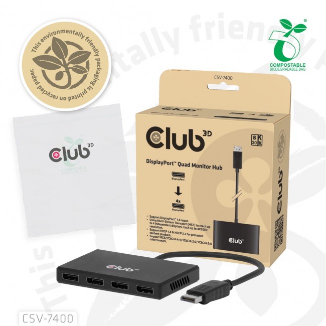 CLUB3D Quad DisplayPort Hub 4 x 4K Resolution @ 30Hz, MST Support