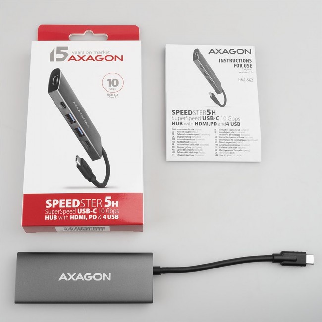 Axagon HMC-5G2 USB 10Gbps hub, 2x USB-A, 2x USB-C, HDMI 4k/60Hz, PD 100W, USB-C cable