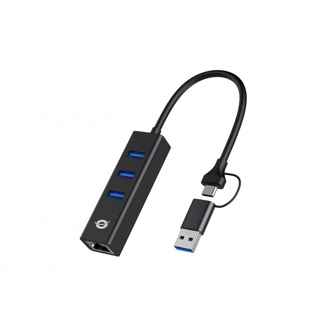 Conceptronic DONN07BA USB to Gigabit Network Adapter with 3-Port USB Hub, USB-A x 3, Wake-on-LAN, 2-in-1 USB-C USB-A Cable