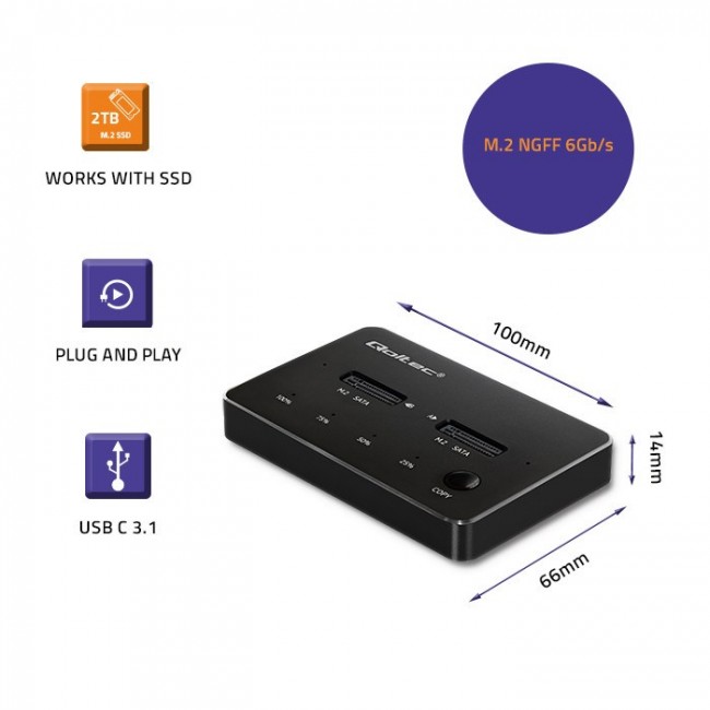 Qoltec 2x SSD M.2 SATA Disk Docking Station | NGFF | USB Type-C