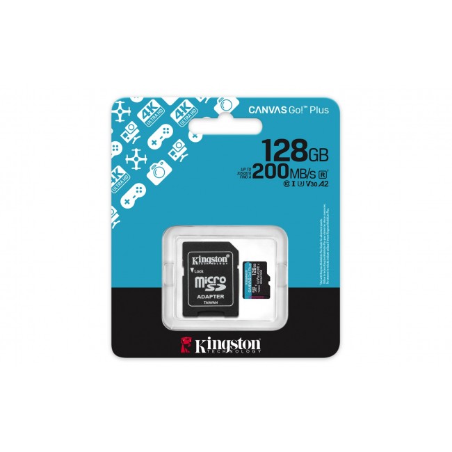 Kingston Technology 128GB microSDXC Canvas Go Plus Gen4 200MB/s A2 U3 V30 Card + Adapter Kingston Technology 128GB microSDXC Canvas Go Plus Gen4 200MB/s A2 U3 V30 Card + Adapter