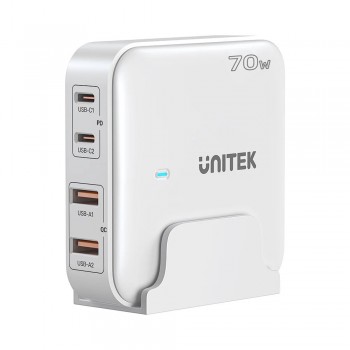 GaN network charger - Unitek P1228AWH01-EU | 70W 2x USB-C 2x USB-A