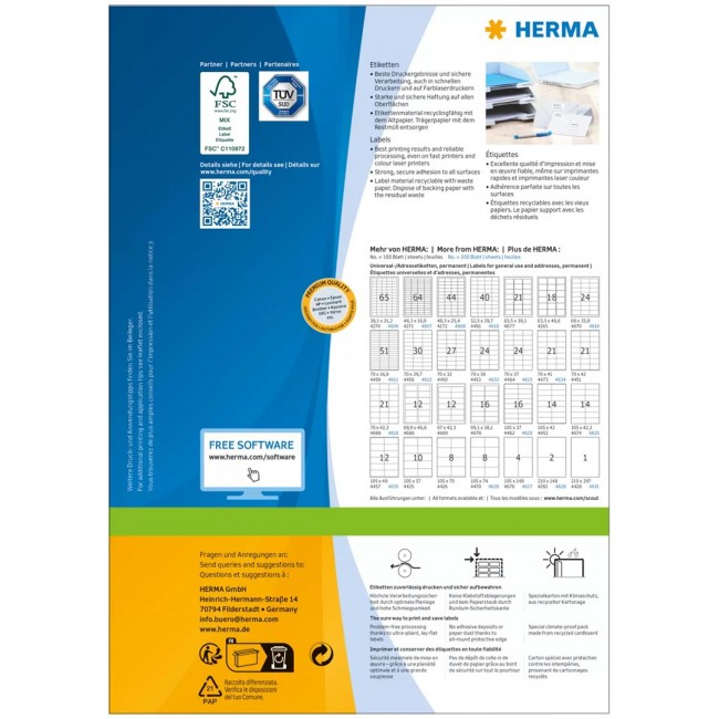 HERMA Labels Premium A4 210x297 mm white paper matt 100 pcs.