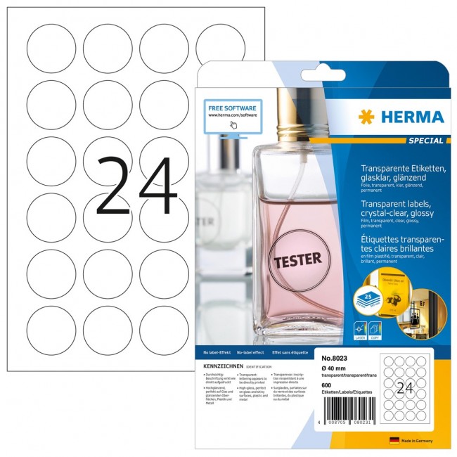 HERMA Labels transparent crystal-clear A4 40 mm round transparent clear film glossy 600 pcs.