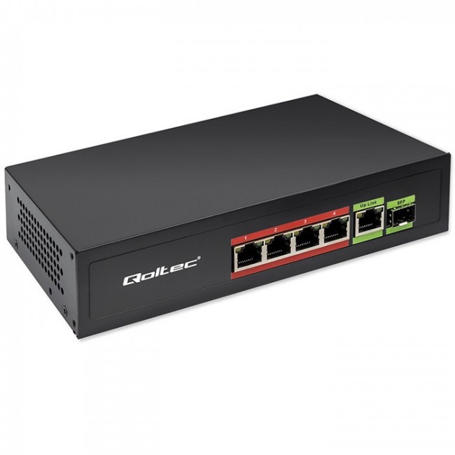 Qoltec Network Switch FAST Ethernet PoE 4x RJ45 PoE 1x RJ45 Uplink 1x SFP | 65W | 1000 Mb
