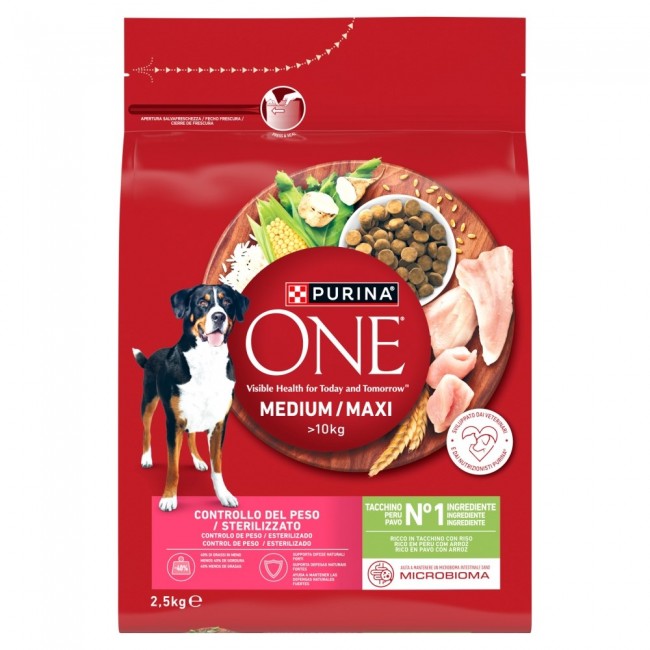 PURINA One Adult Medium/Maxi Weight Control/Sterilized Rich in turkey with rice - dry dog food - 2,5kg
