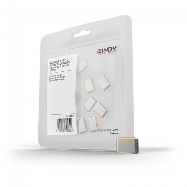 Lindy USB Type C Port Blockers (Without Key) - Pack of 10, Orange