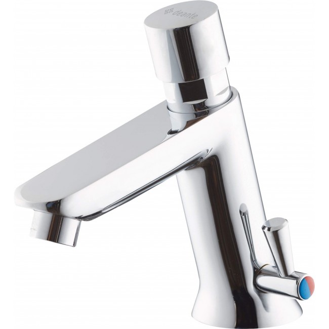 Timed washbasin mixer with temperature control - without closing the drain