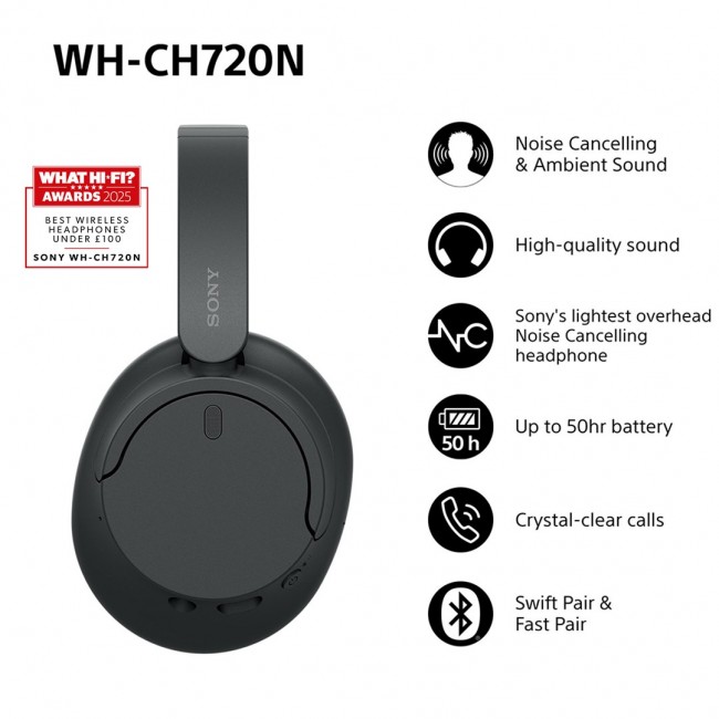 Sony WH-CH720 Headset Wired & Wireless Head-band Calls/Music USB Type-C Bluetooth Black