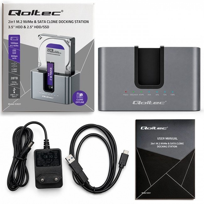 Qoltec 52631 HDD SSD doscking station | SATA | M.2 NVMe | cloning | USB-C | 10Gb/s | 28TB