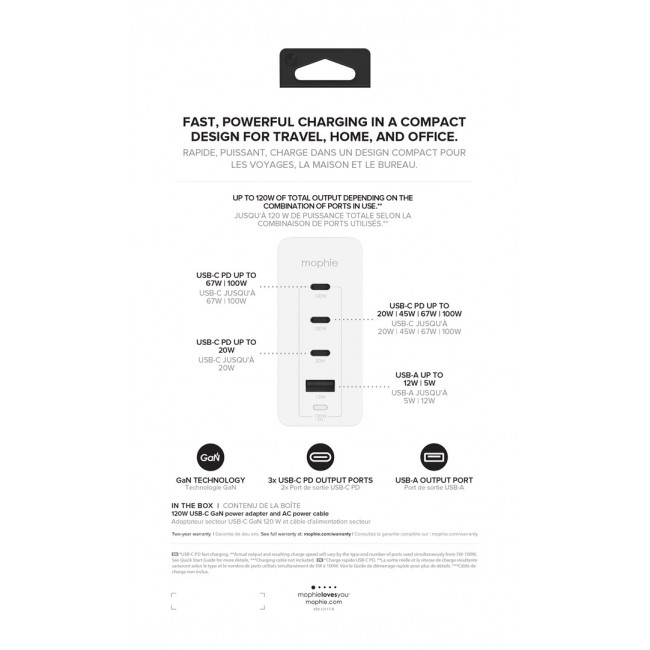 mophie Accessories-Wall Adapter-USB-C-PD-HUB-120W-GAN-White-EU(3xUSBC + 1xUSBA)