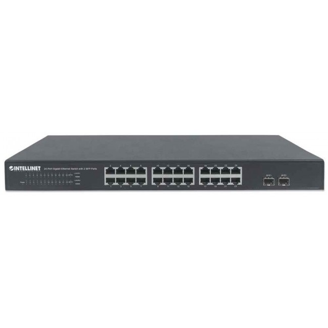 Intellinet 24-Port Gigabit Ethernet Switch with 2 SFP Ports, 24 x 10/100/1000 Mbps RJ45 Ports + 2 x SFP, IEEE 802.3az (Energy Efficient Ethernet), 19