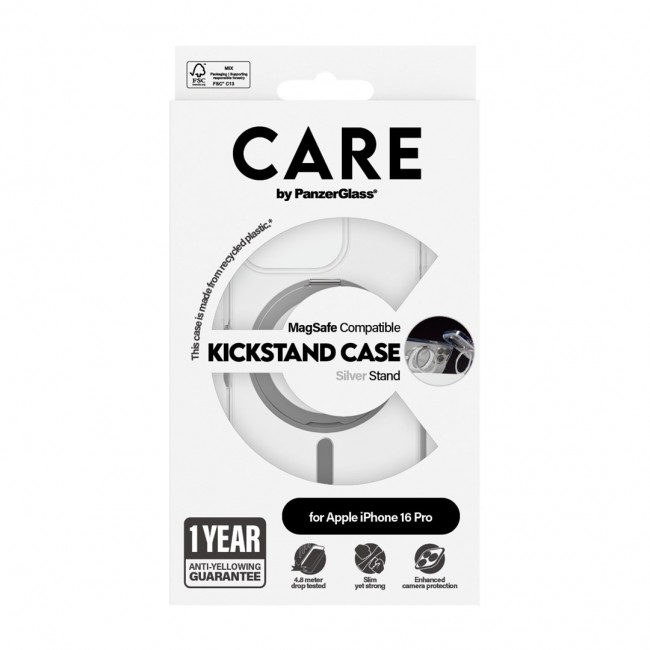 PanzerGlass CARE by Feature Case Transparent w. Silver Kickstand & MagSafe iPhone 16 Pro