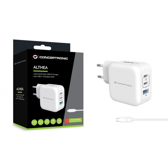 Conceptronic 3-Port 67W GaN USB PD Charger with USB-C Charging Cable, USB-C x 2, USB-A x 1, QC 3.0, PPS