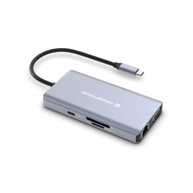 Conceptronic DONN20G 10-in-1 USB 3.2 Gen 1 Docking Station, HDMI, VGA, USB-A 5Gbps, USB-C 5Gbps, SD, TF/MicroSD, Audio, GbE LAN, 100W USB PD
