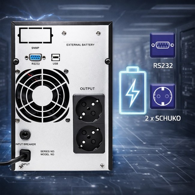 Qoltec 52640 Pure Sine Wave UPS Emergency Power Supply | 1kVA | 800W | AVR | LCD