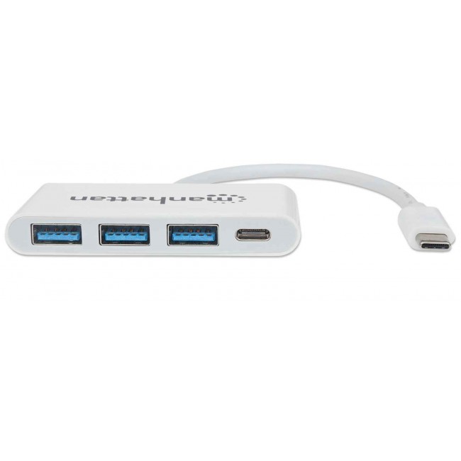 Manhattan USB-C Dock/Hub, Ports (x4): USB-A (x3) and USB-C, 5 Gbps (USB 3.2 Gen1 aka USB 3.0), With Power Delivery (60W) to USB-C Port (Note additional USB-C wall charger and USB-C cable needed), SuperSpeed USB, White, Three Year Warranty, Blister Manhattan USB-C Dock/Hub, Ports (x4): USB-A (x3) and USB-C, 5 Gbps (USB 3.2 Gen1 aka USB 3.0), With Power Delivery (60W) to USB-C Port (Note additional USB-C wall charger and USB-C cable needed), SuperSpeed USB, White, Three Year Warranty, Blister